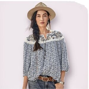 Sundance Kenya Blue Pattern Boho Peasant Top Blouse XS